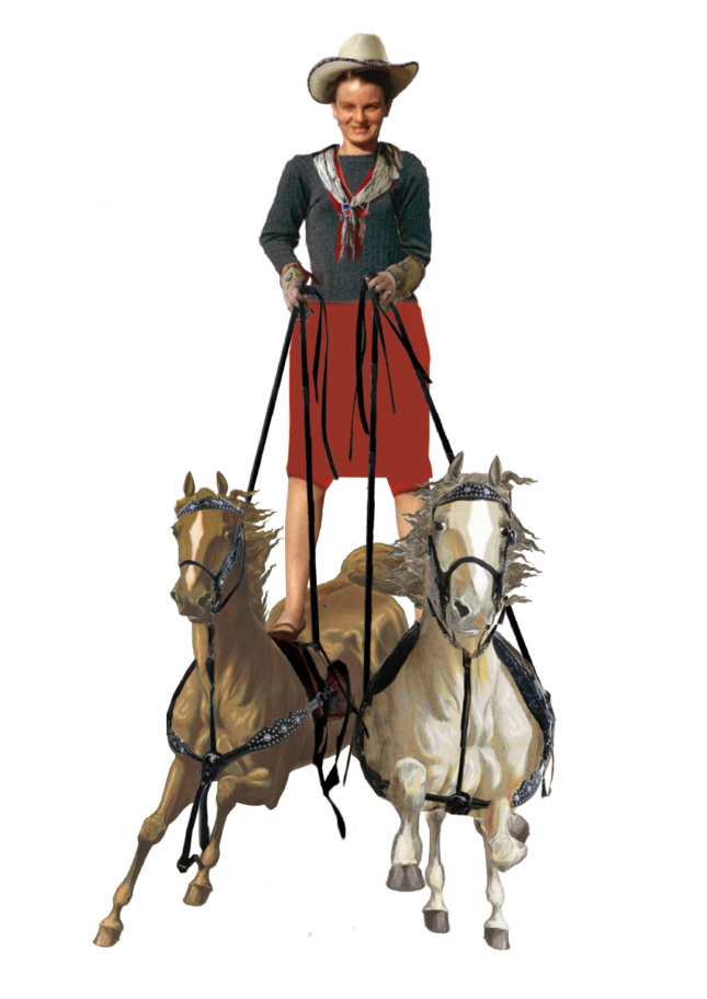 A woman standing on top of two horses
