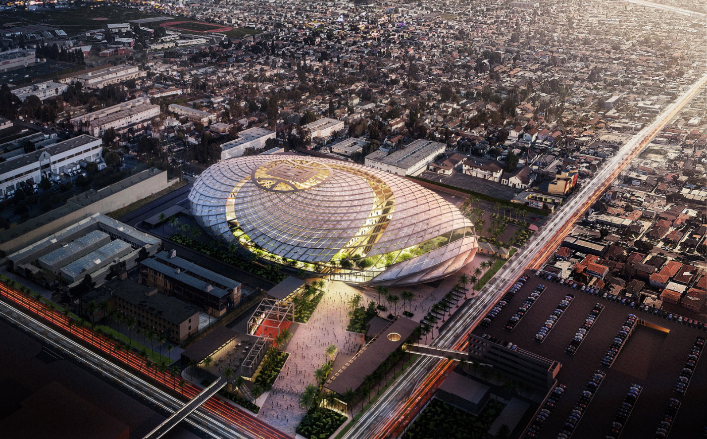 Aerial rendering of the new Clippers arena, which features a distinctive net-like facade