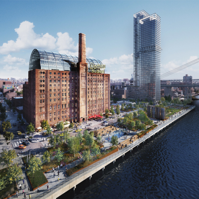 View of Domino Sugar Factory, a brick factory conversion, with a glass topper