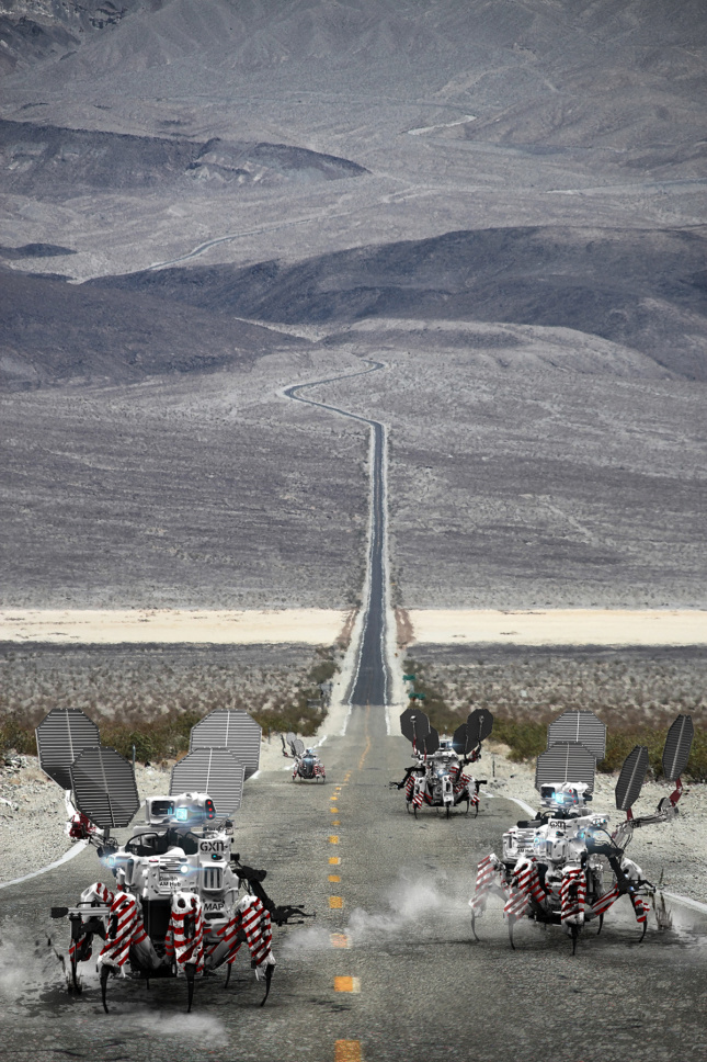 Spider-like robots march down a stretch of desert road.