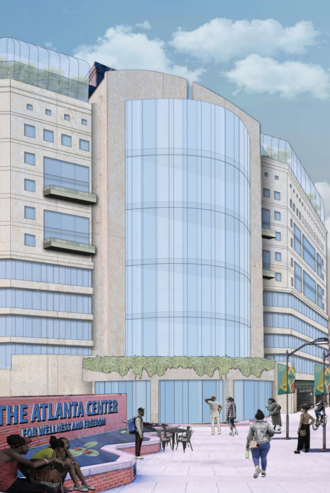 Rendering of a glassy-fronted stone building