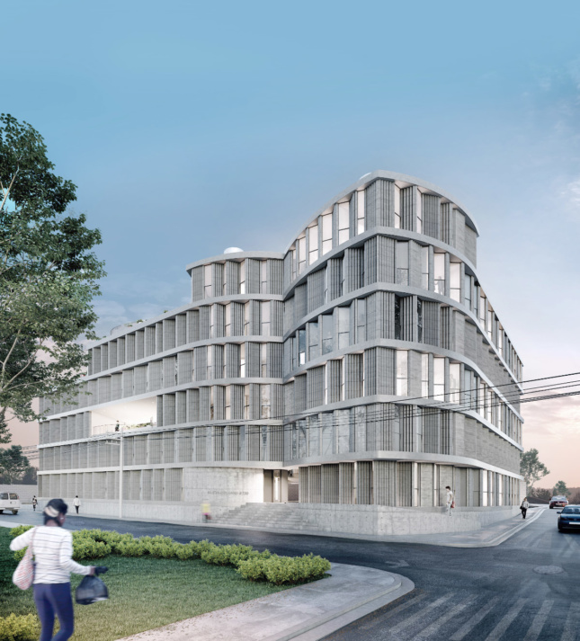 Rendering of a curved residential building clad in grey precast bricks