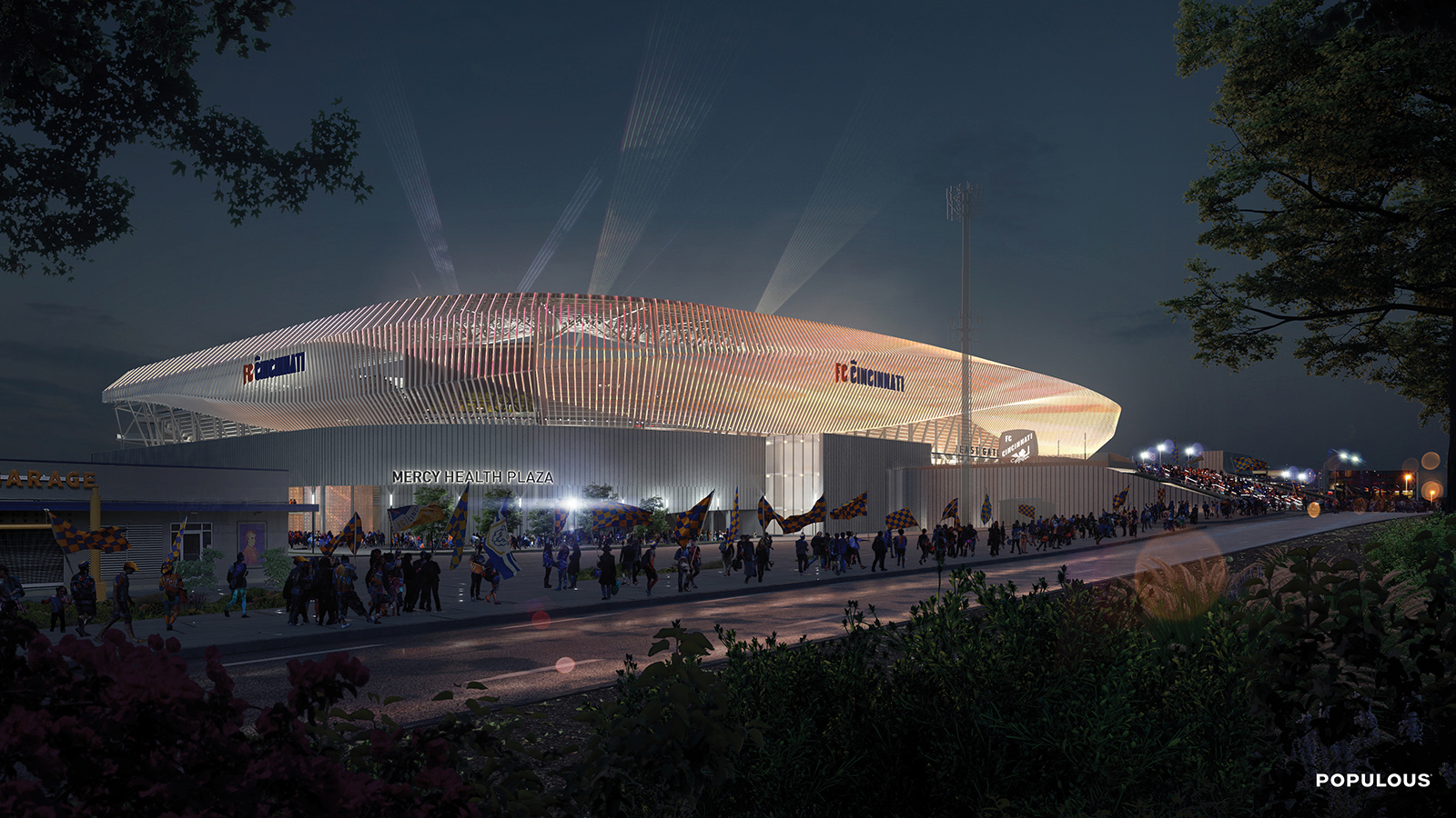 Rendering of a soccer stadium at night, clad in vertical fins