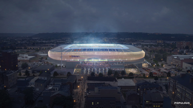 Rendering of a stadium at night with mist in the center.