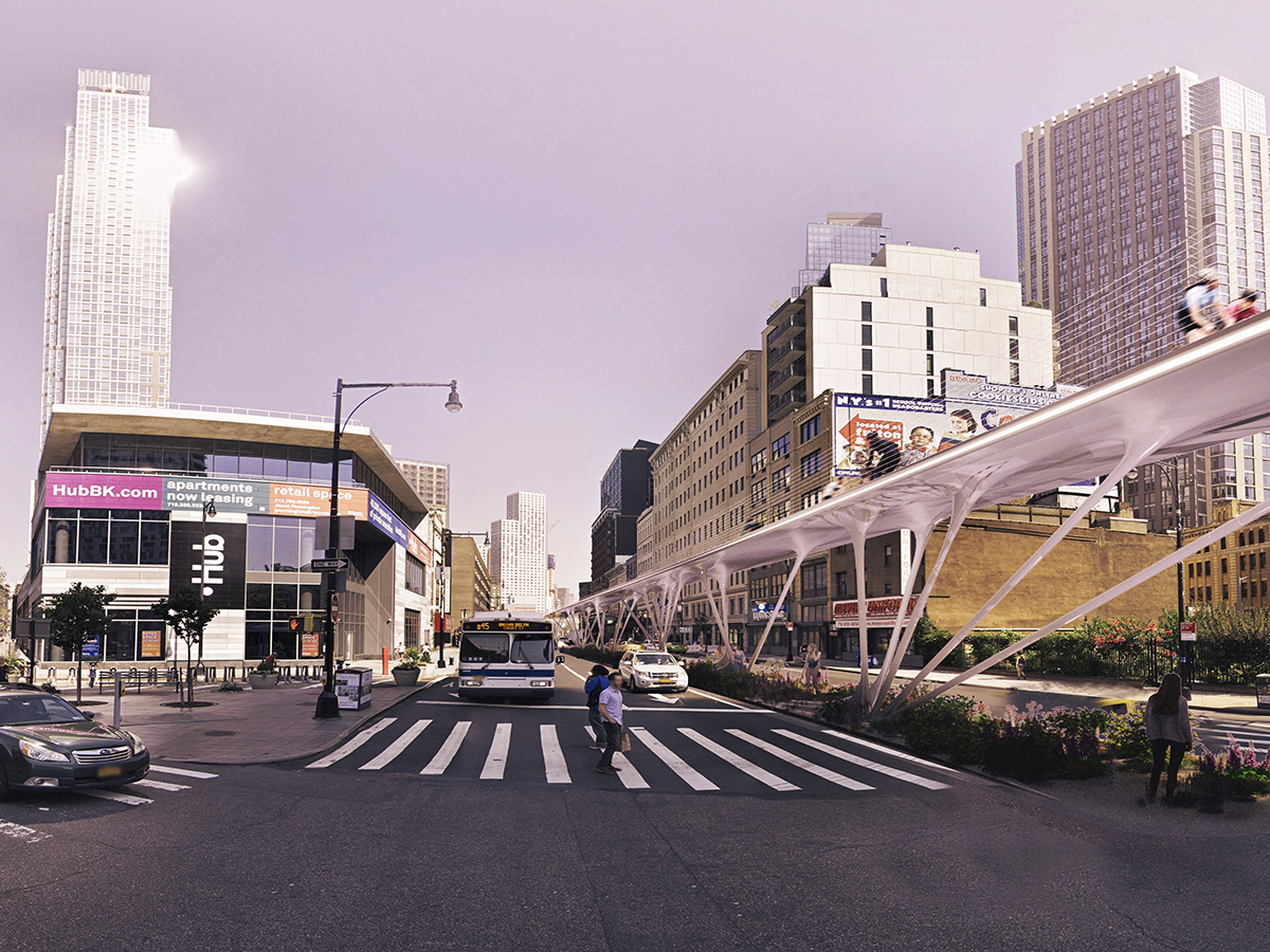 Rendering of an aerial bike path above New York's streets