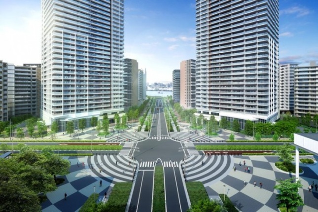 Rendering of streets, parkland, and high-rise structures on a pier