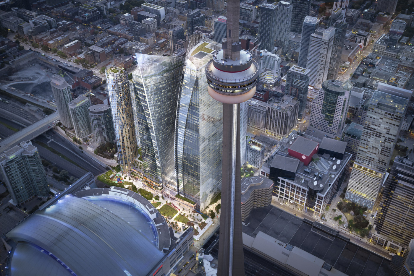 Rendering of three glass-clad towers in Toronto under CN Tower