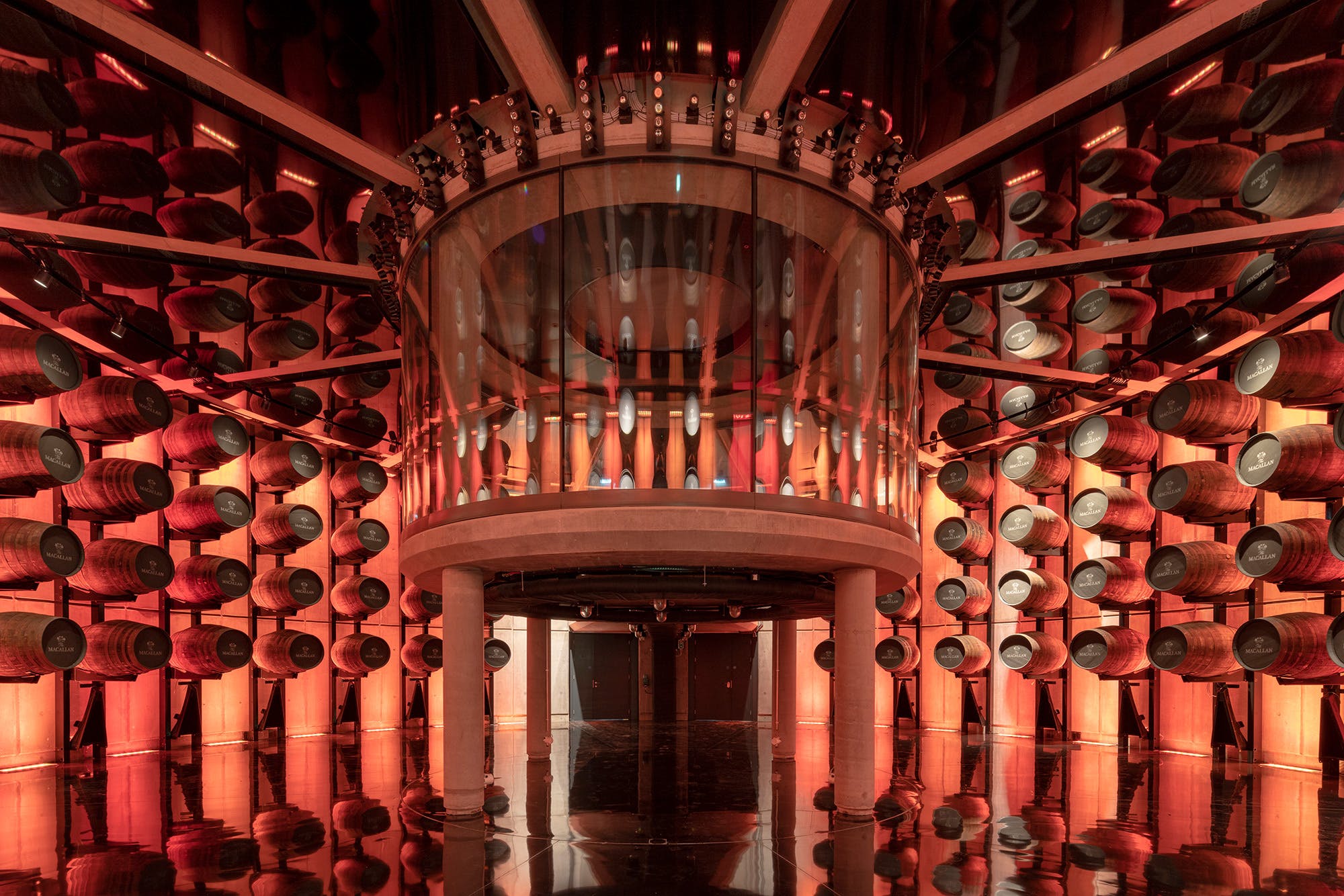 Interior of a room full of whiskey barrels, a project on the Stirling Prize shortlist