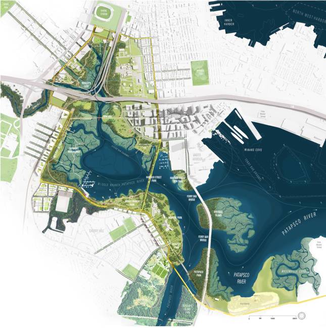 Diagram of South Baltimore bay and plan to revamp it with new landscape