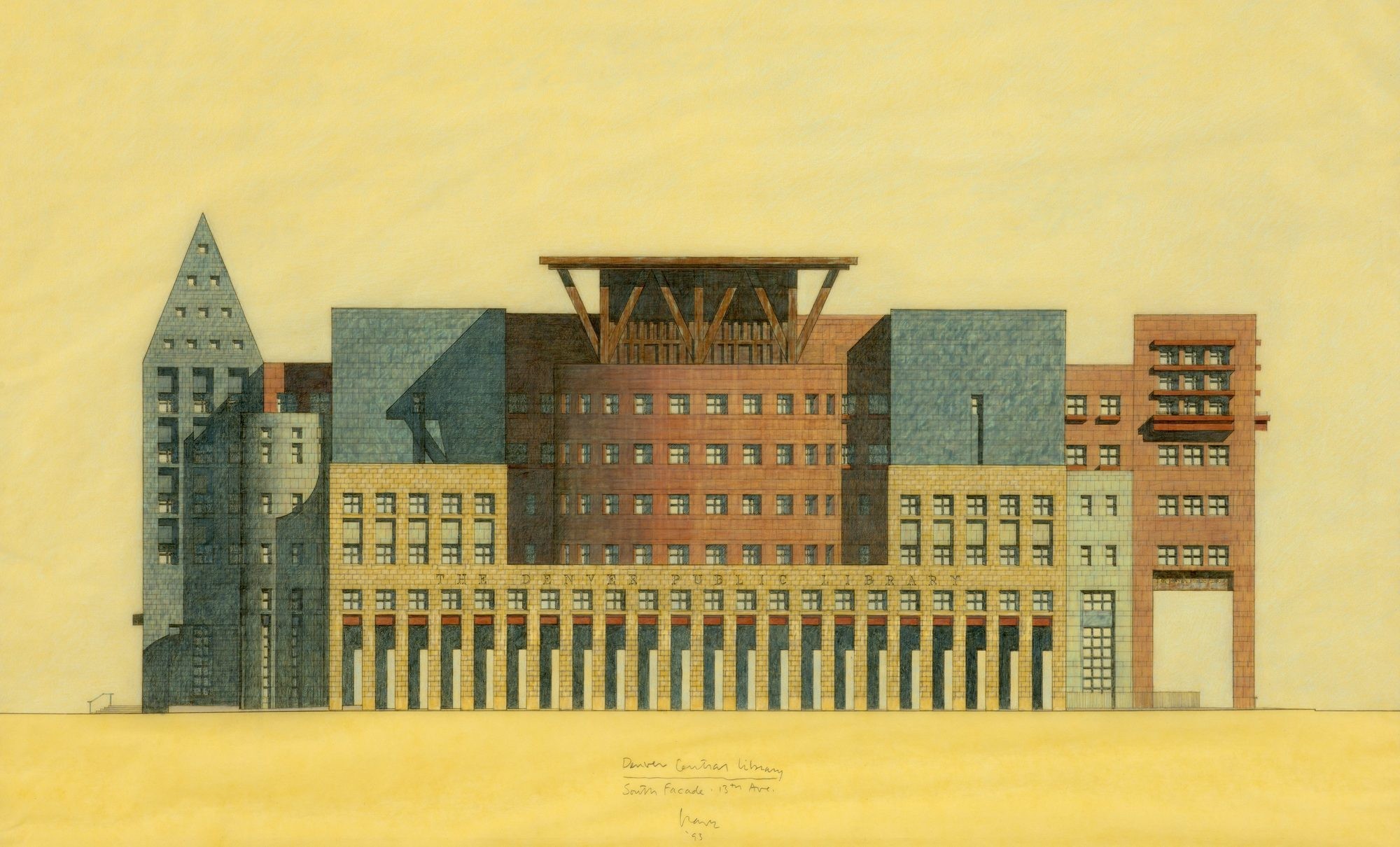 A Michael Graves drawing of a multicolored building on a yellow wash