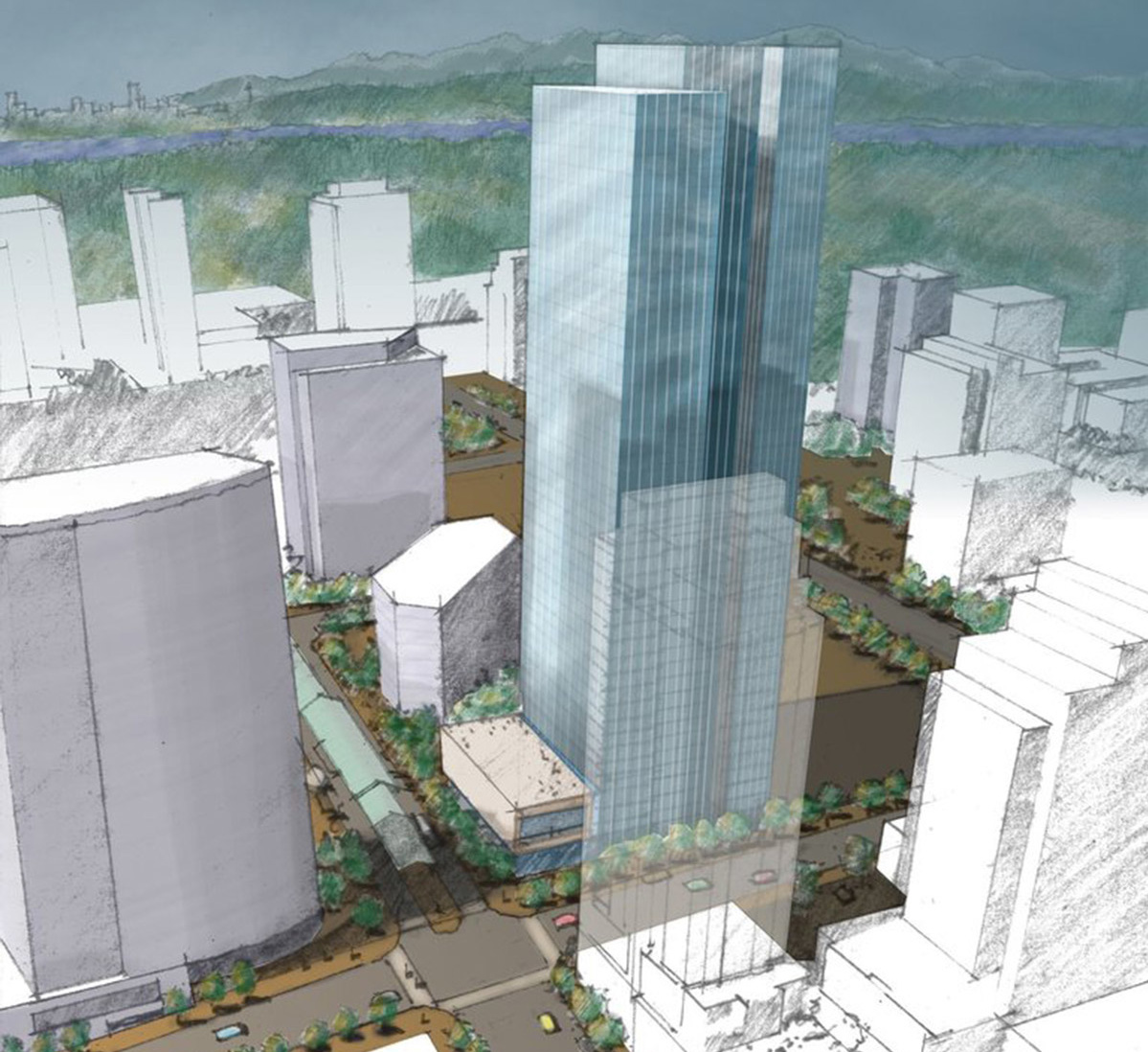Rendering of a tall tower in opaque blue outline, the possible future site of Amazon offices