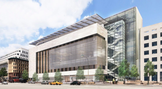 Rendering of the Newseum in Washington, D.C., an elongated glass and limestone box