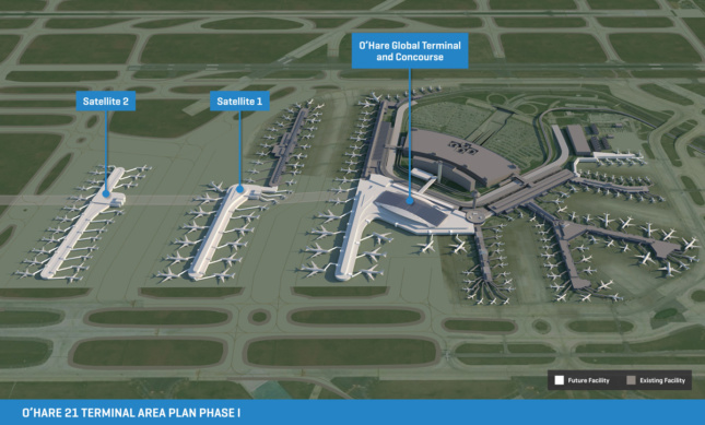 Rendering of O'Hare International Airport with two adjacent linear structures and a "Phase I" caption