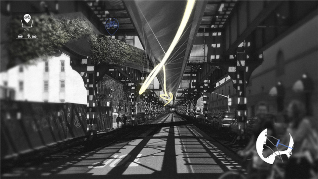 black and white image of underneath elevated train tracks with suspended structure used as bike path