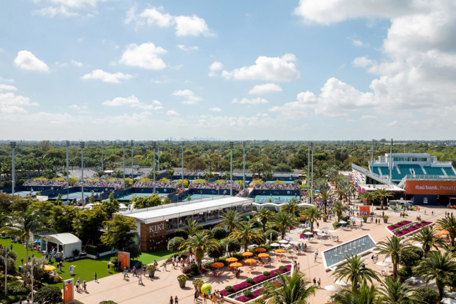 Aerial view of palm-tree lined plaza with view of tennis courts