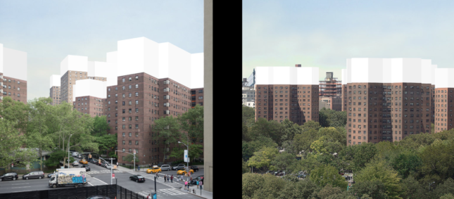 Rendering of squat public housing buildings with additional height massed on top