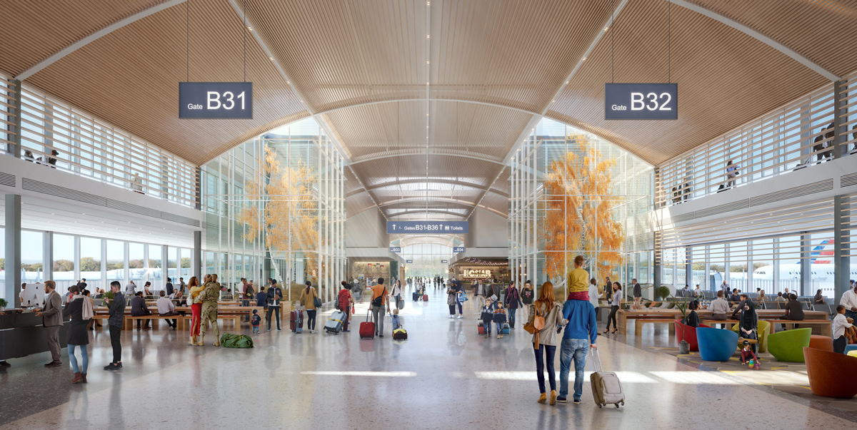 Rendering of a concourse with nature and timber ceiling