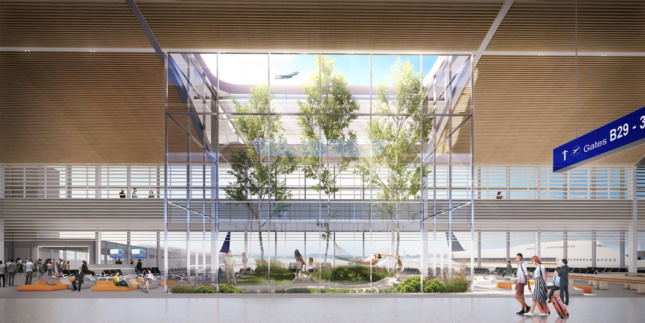 Rendering of nature-filled airport concourse
