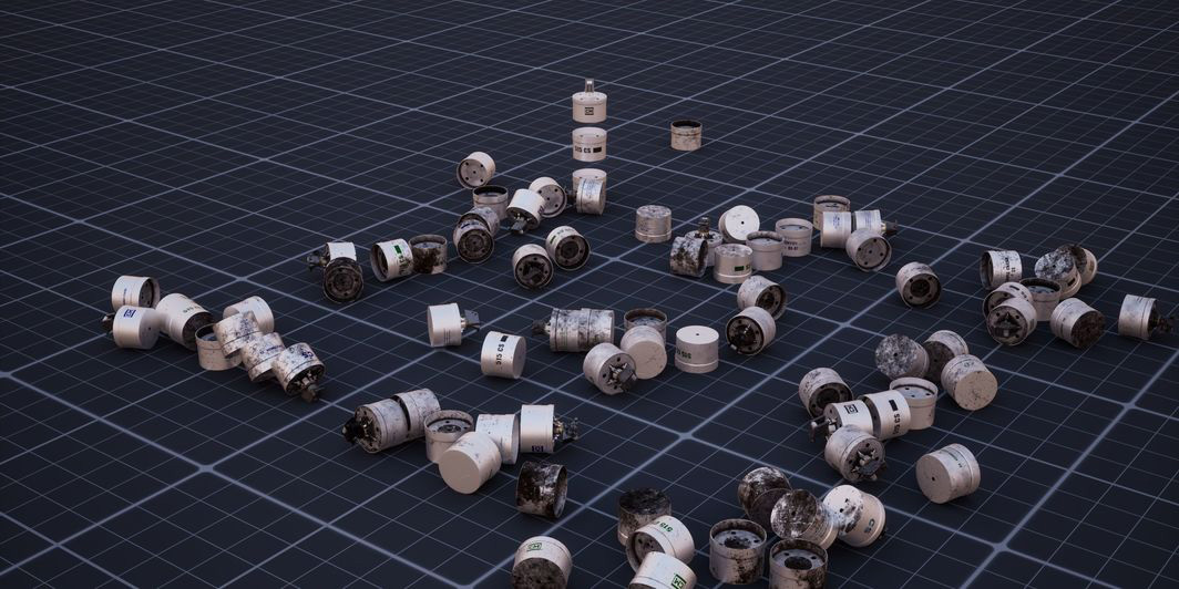 Still of grenade canisters 3D rendered and strewn across a digital grid floor as part of the Whitney Biennial