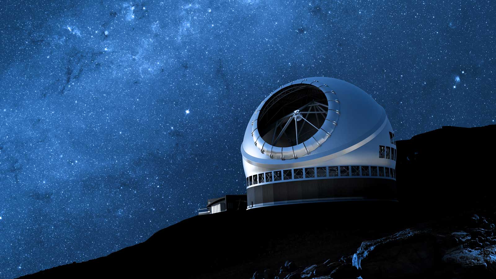 Rendering of a giant observatory against a starry sky; the Thirty Meter Telescope