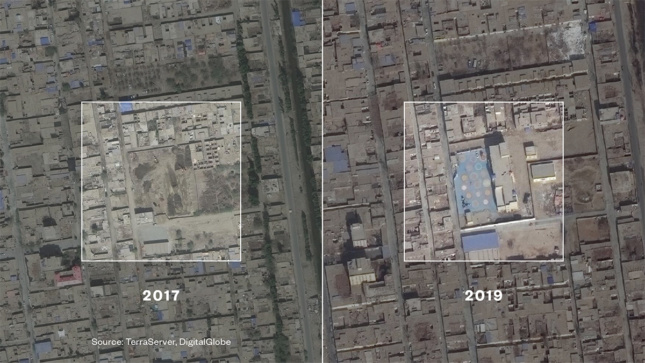 Two separate aerial views of the same site in China, one from 2017 with no building and one from 2019 with a building and colorful plaza
