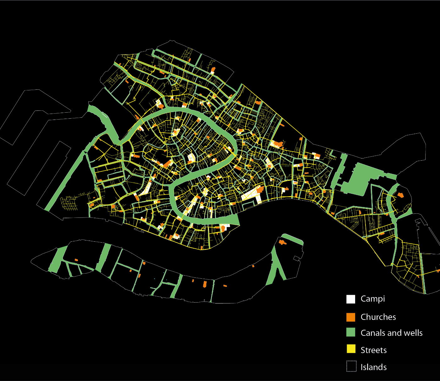 Map of Venice outlined through several social and physical metrics