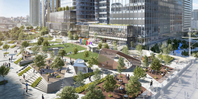 Rendering of a waterfront park in front of two podiums