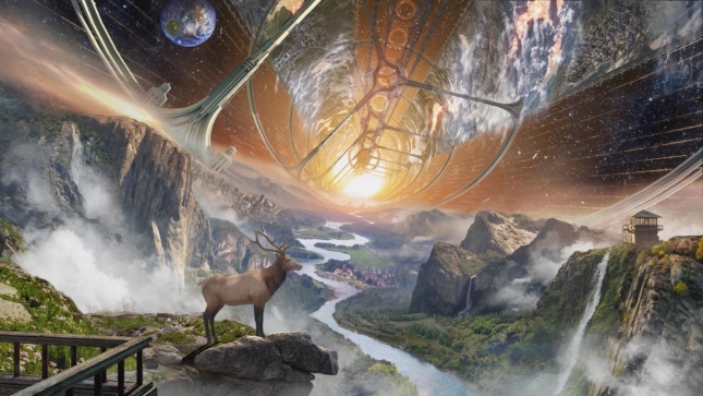 Interior rendering of an idyllic landscape but inside of a giant space-borne torus