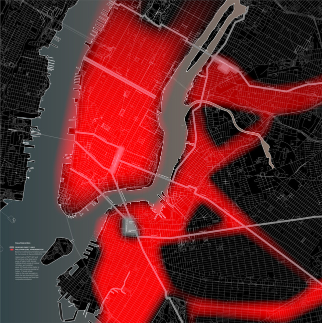 Black diagram of New York City with red blur showing co2 emissions