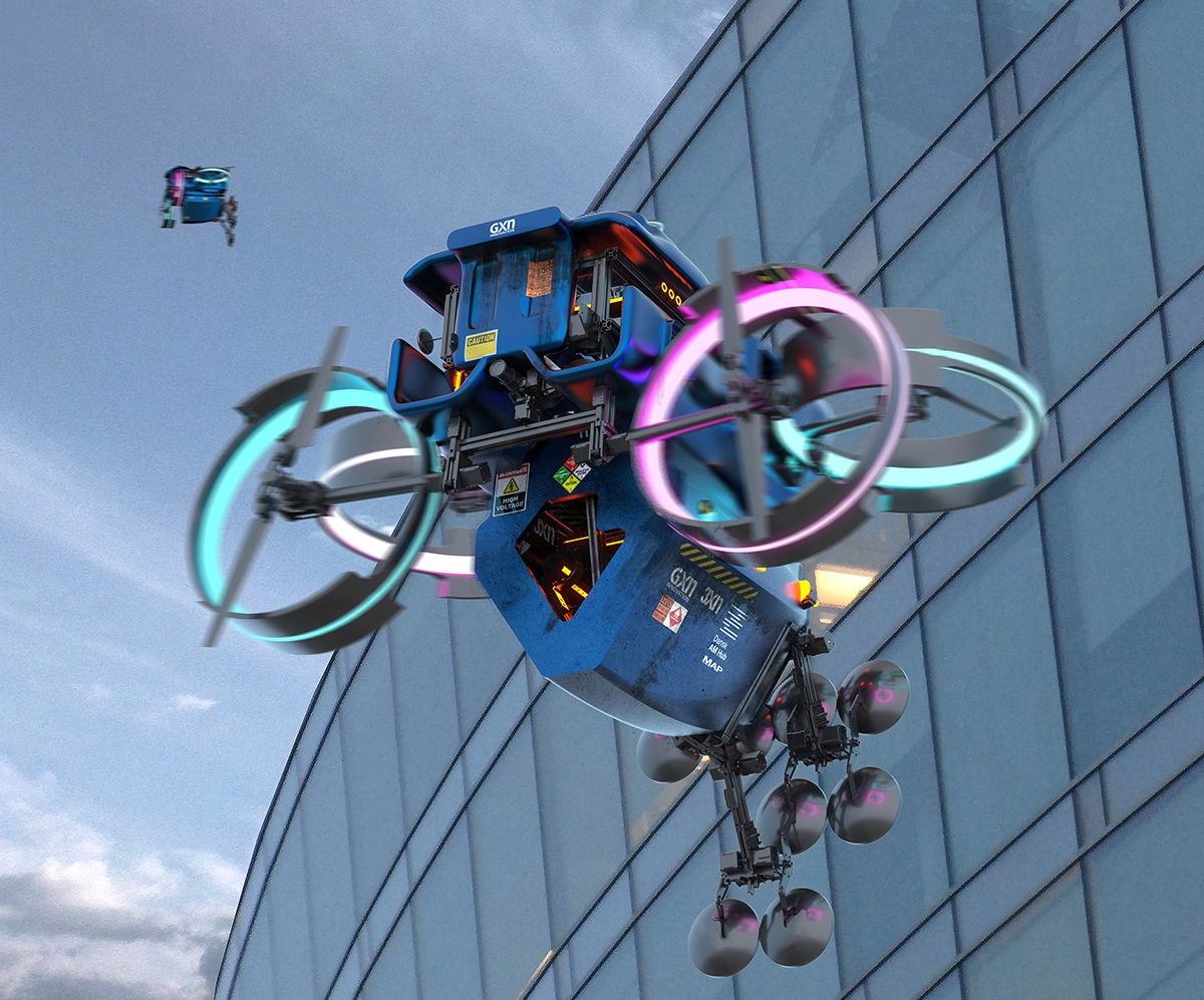 A blue drone made for 3D printing with pink and blue glowing blades floats in front of a glass building.