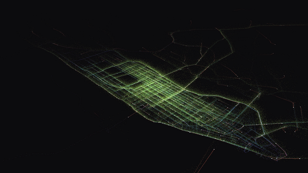 A dark map with green lines over the grid of Manhattan, created by MIT's Senseable City Lab