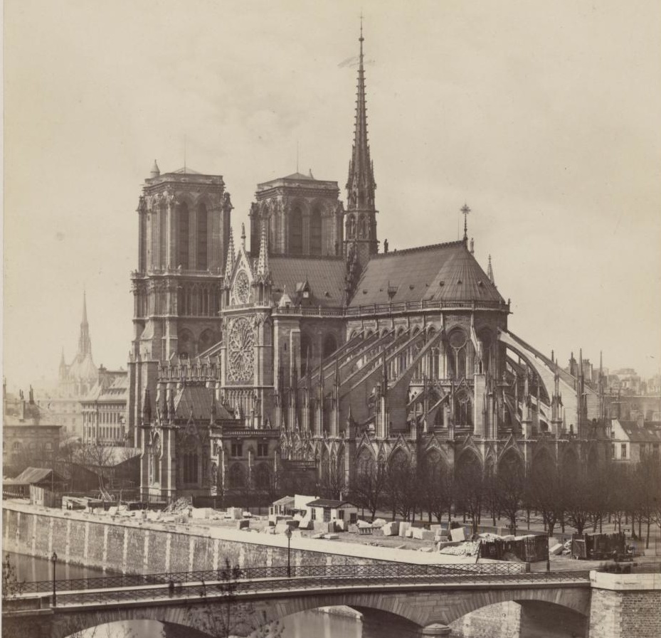 Old photograph of Notre-Dame cathedral in sepia tone