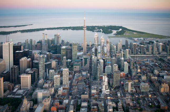Aerial rendering of the Toronto skyline with three new glass towers