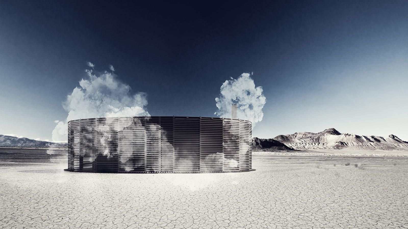 Rendering of a sauna in the desert, as part of Burning Man