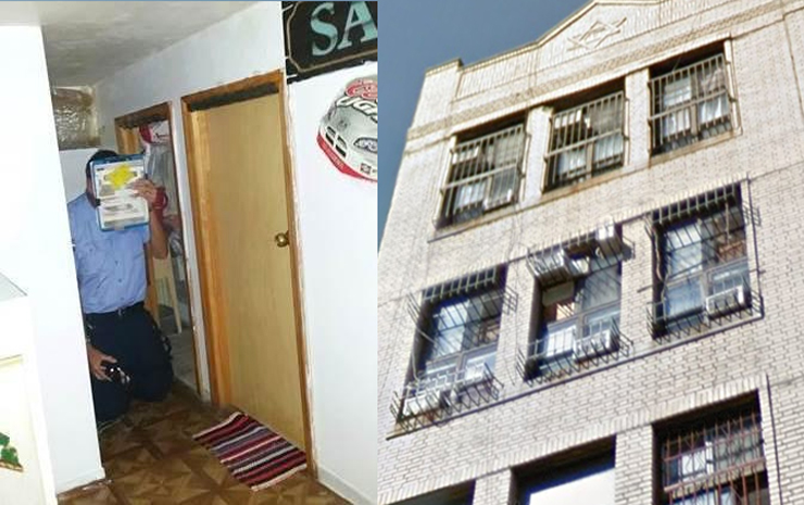 Photo of a man on his knees, next to a photo of eight air conditioners sticking out of three windows.