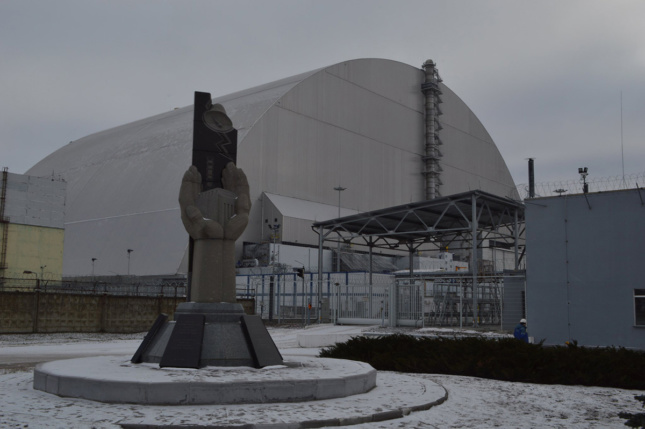 Close up view of Chernobyl steel and concrete sarcophagus