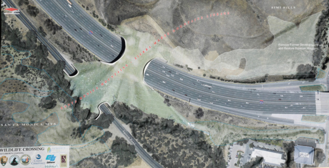 Aerial rendering of a green bridge over a highway