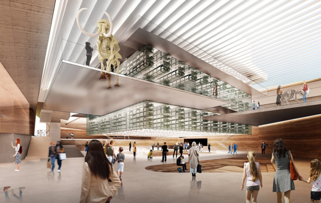 Rendering of museum lobby with glass block in center, on the grounds of the La Brea Tar Pits