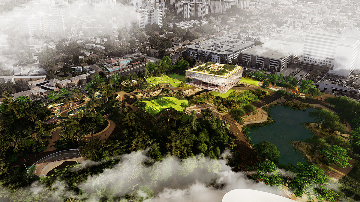 Aerial rendering of landscaped park with square stilted pavilion and roof garden; the newly envisioned La Brea Tar Pits