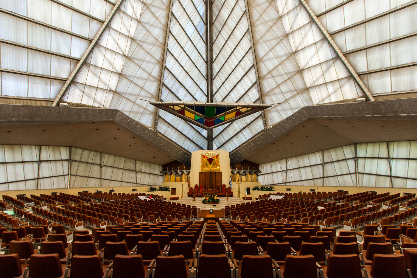 Soaring interior of a glass synagogue, Beth Sholom, designed by Frank lloyd Wright