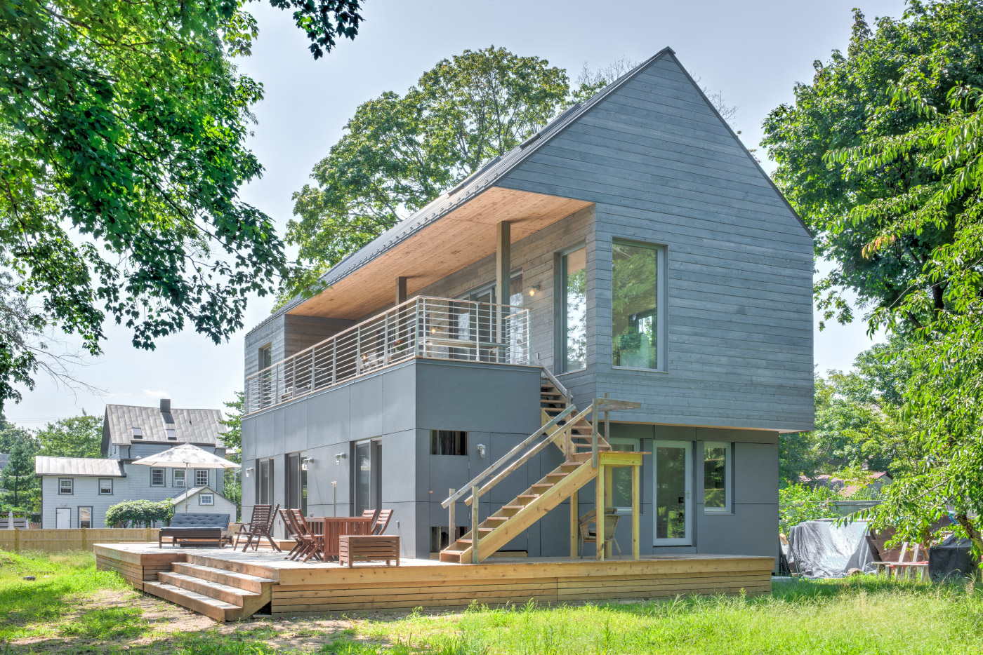 A two-story passive house clad in timber on North Fork