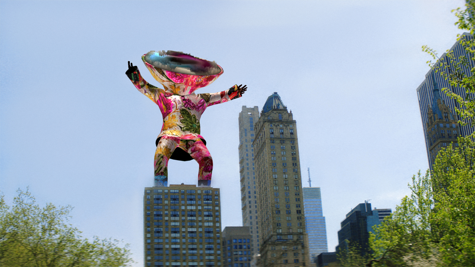 A 3D person in a colorful suit with a large disk for a head stands on top of a high rise.