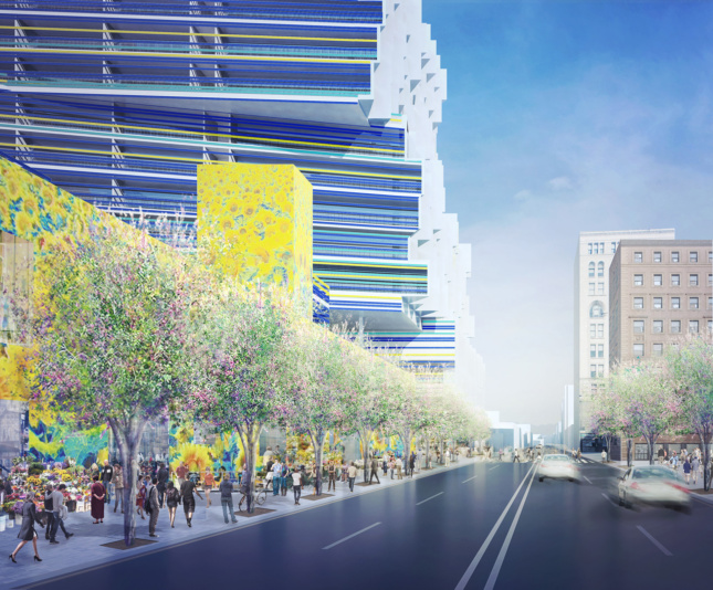 Rendering of street next to flower mural and trees