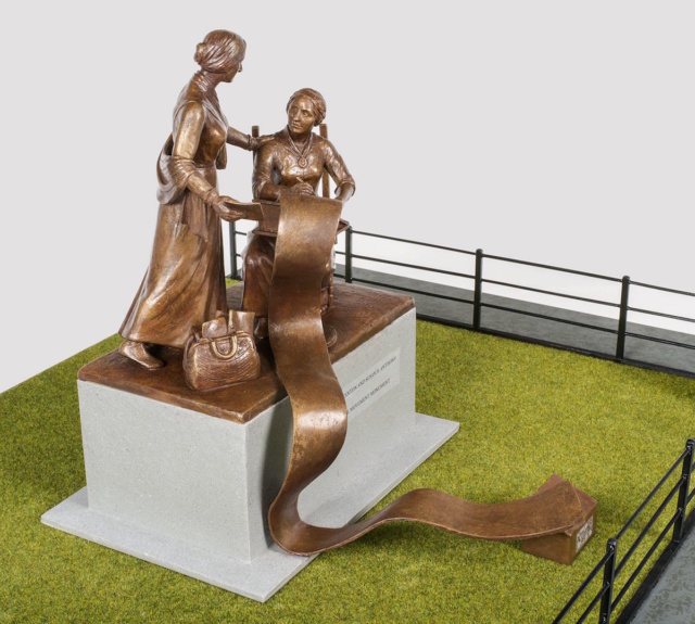 Statue mock up of two women talking with long scroll