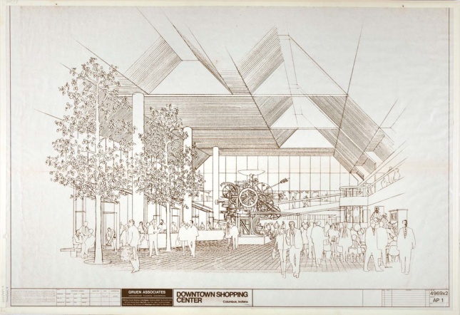 A perspective drawing of the interior atrium of César Pelli's The Commons in Columbus, Indiana.