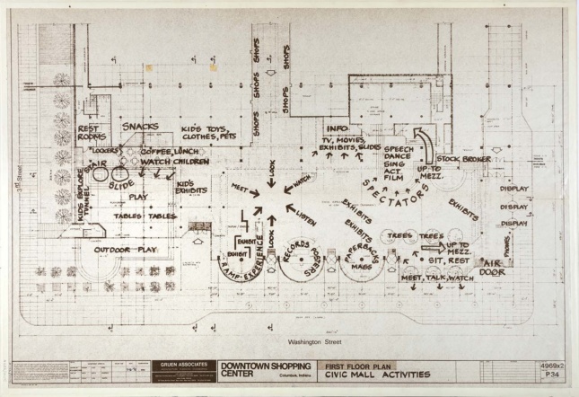 A plan drawing of César Pelli's The Commons in Columbus, Indiana.