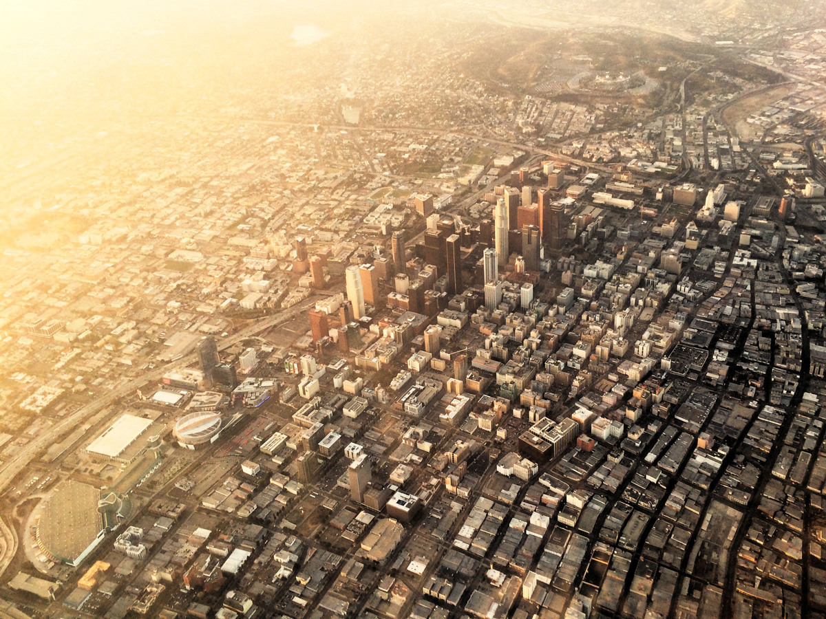 Aerial view of downtown Los Angeles at sunset