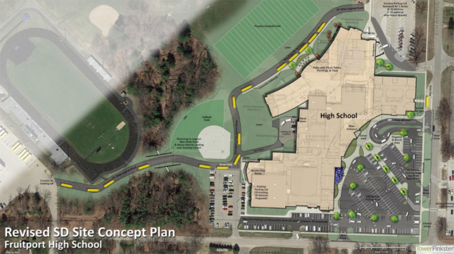 Image of site concept plan with high school, parking lot and fields
