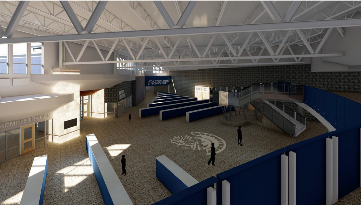 Rendering of school entrance with skylights