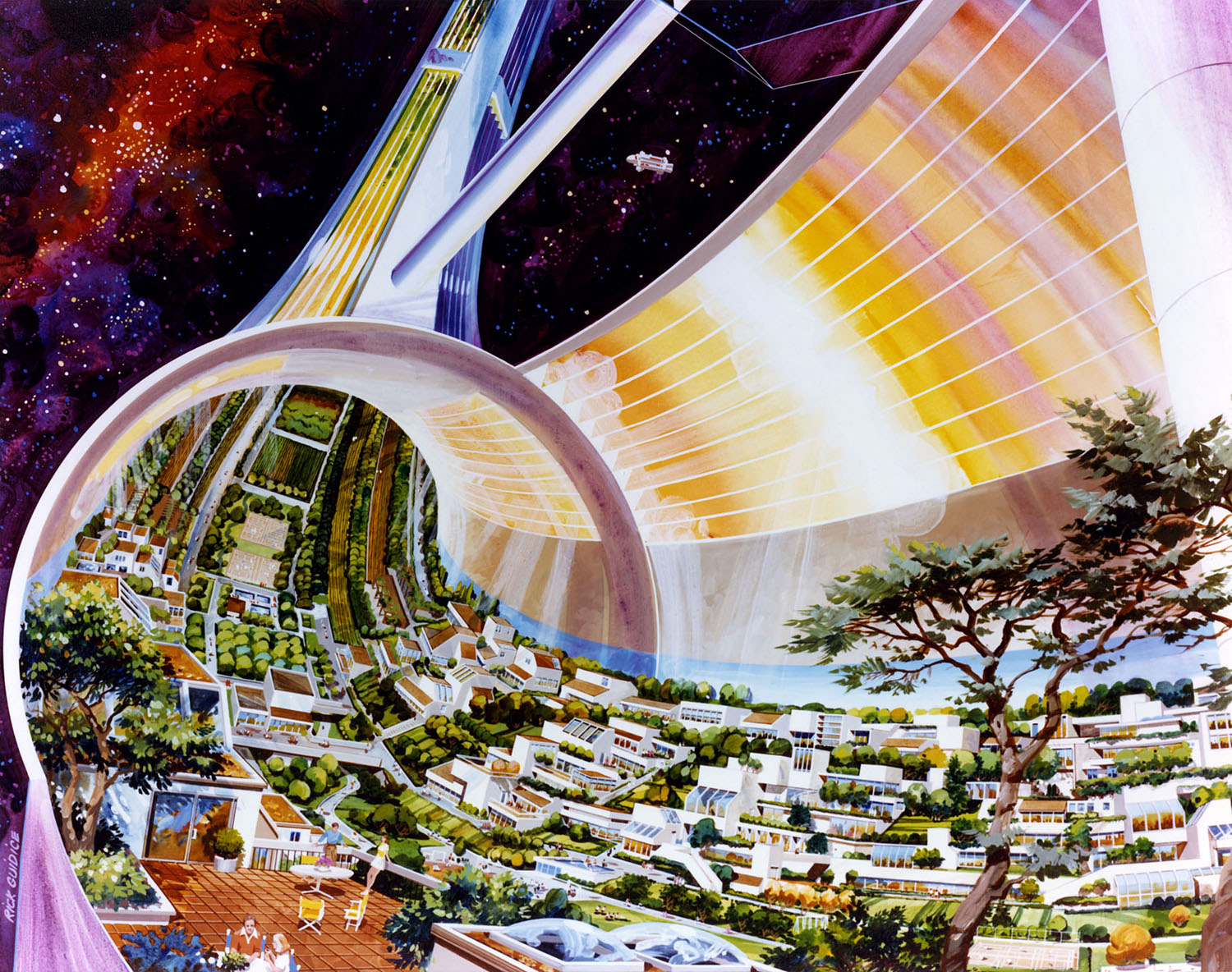 Painting of a torus-shaped space colony, part of the Far Out: Suits, Habs, and Labs for Outer Space show